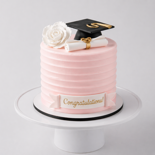 Graduation-themed cake with pink frosting, a black graduation cap, white rose, and 'Congratulations!' text on a gray background.
