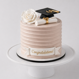 Graduation-themed cake with a rose, mortarboard, diploma, and 'Congratulations!' banner on a white background.