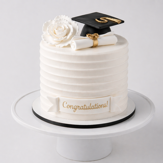 Graduation-themed cake with a white frosting, rose, mortarboard, diploma, and 'Congratulations!' sign on a white background.